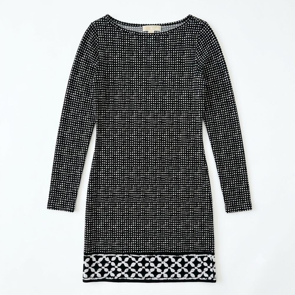 Michael Kors Stretchy Jersey Knit Shift Dress Black White Long Sleeve Womens XS